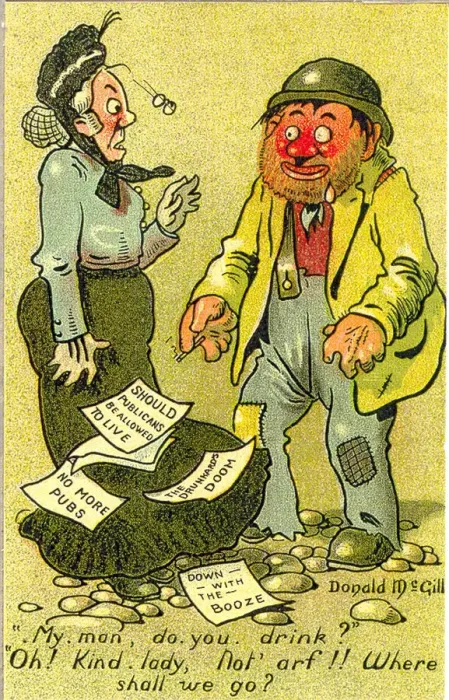 Framed Print : Comic postcard, Temperance woman and drunkard Date: 20th century Framed Print : Comic postcard, Temperance woman and drunkard Date: 20th century