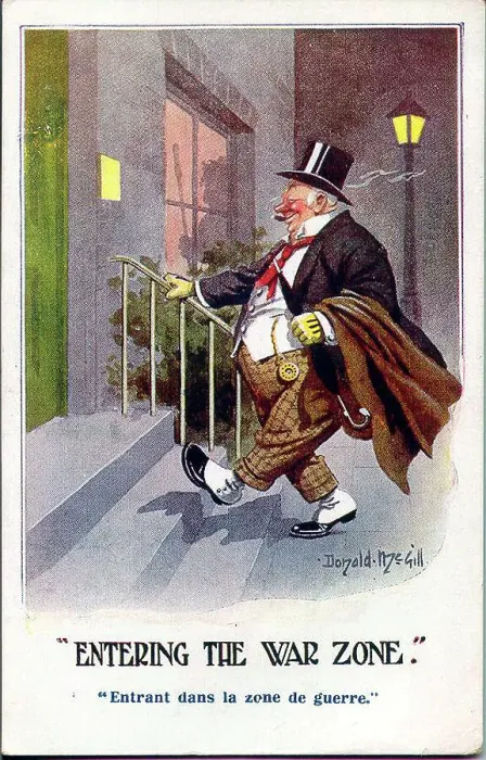 Framed Print : Comic postcard, Tipsy man arriving home - Entering the war zone. Date: early 20th century Framed Print : Comic postcard, Tipsy man arriving home - Entering the war zone. Date: early 20th century
