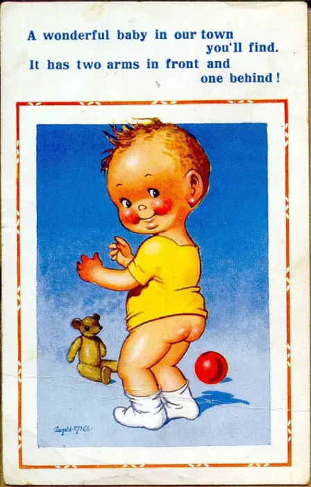 Framed Print : Comic postcard, Toddler with teddy bear and ball Date: 20th century Framed Print : Comic postcard, Toddler with teddy bear and ball Date: 20th century