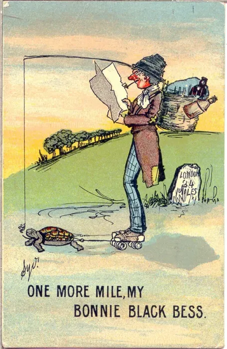 Framed Print : Comic postcard, Travelling on rollerskates, pulled by a tortoise Date