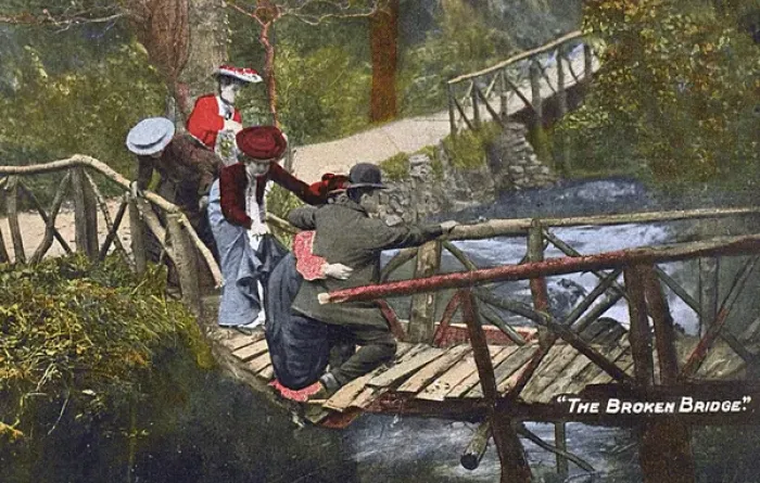 Framed Print : Comic Postcard - unfolding drama on the broken bridge Framed Print : Comic Postcard - unfolding drama on the broken bridge