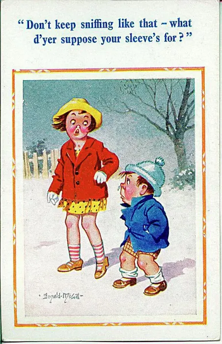 : Comic postcard, Unhappy girl and boy in the snow Date: 20th century : Comic postcard, Unhappy girl and boy in the snow Date: 20th century