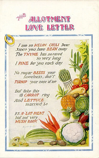 Comic postcard, Vegetable love, The Allotment Love Letter Date: 20th century