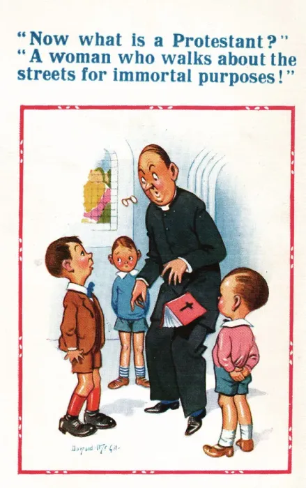 Framed Print : Comic postcard, Vicar and three boys - definition of a Protestant Date: 20th century Framed Print : Comic postcard, Vicar and three boys - definition of a Protestant Date: 20th century