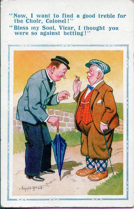 Framed Print : Comic postcard, Vicar chats with Colonel Date: 20th century Framed Print : Comic postcard, Vicar chats with Colonel Date: 20th century