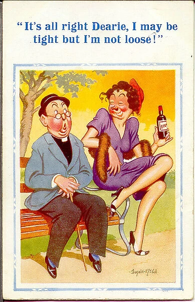 Comic postcard, Vicar and drunk woman in park