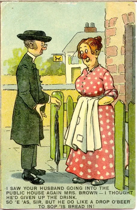 Framed Print : Comic postcard, Vicar and housewife Date: 20th century Framed Print : Comic postcard, Vicar and housewife Date: 20th century