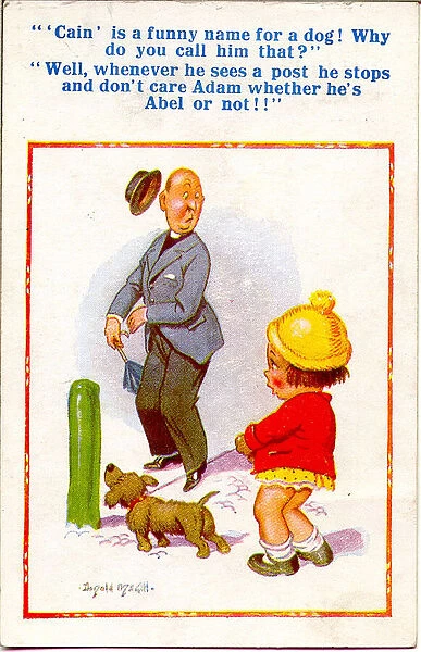 Comic postcard, Vicar, little girl and dog