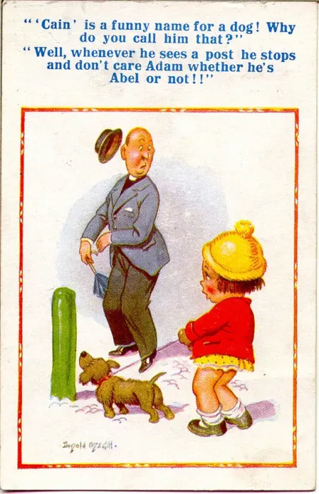 Framed Print : Comic postcard, Vicar, little girl and dog Framed Print : Comic postcard, Vicar, little girl and dog