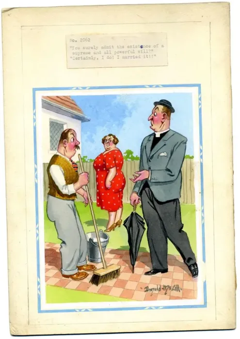 Framed Print : Comic postcard, Vicar with married couple Date: 20th century Framed Print : Comic postcard, Vicar with married couple Date: 20th century