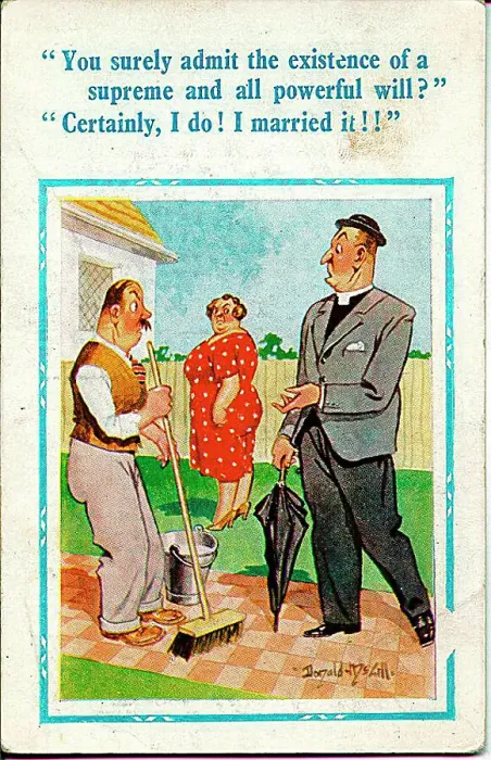 : Comic postcard, Vicar with married couple Date: 20th century : Comic postcard, Vicar with married couple Date: 20th century