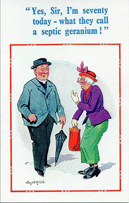: Comic postcard, Vicar and woman chat in the street Date: 20th century : Comic postcard, Vicar and woman chat in the street Date: 20th century