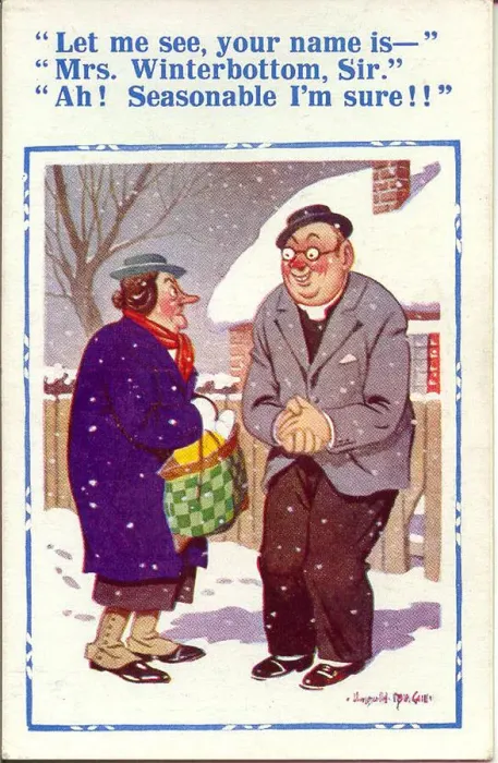 Framed Print : Comic postcard, Vicar and woman chatting in the street Date: 20th century Framed Print : Comic postcard, Vicar and woman chatting in the street Date: 20th century