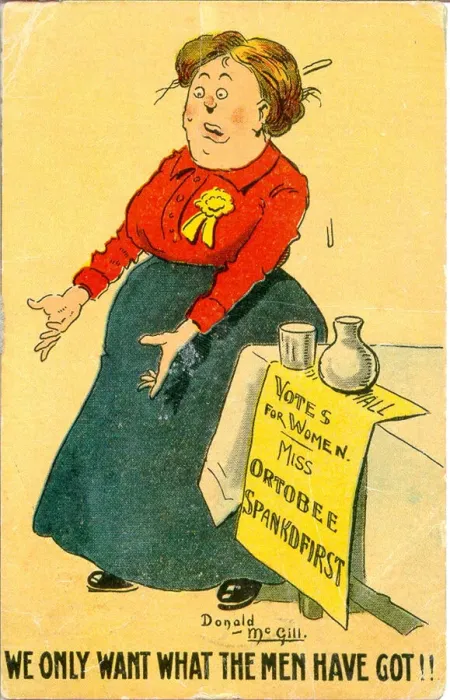 Framed Print : Comic postcard, Votes for Women satire - We only want what the men have got Framed Print : Comic postcard, Votes for Women satire - We only want what the men have got
