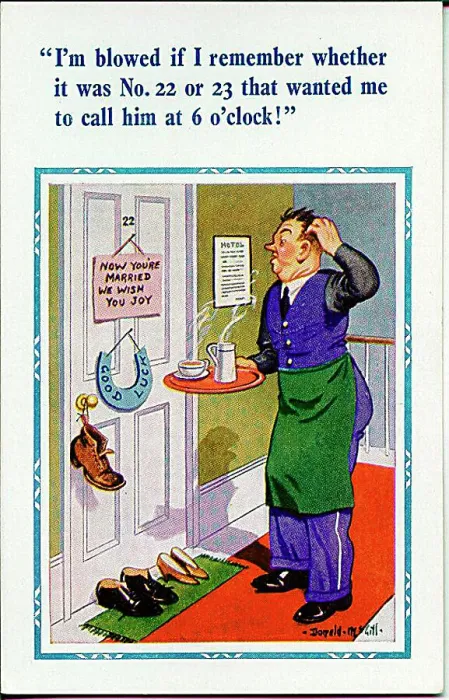 : Comic postcard, Waiter with tray in hotel corridor - early morning call Date: 20th century : Comic postcard, Waiter with tray in hotel corridor - early morning call Date: 20th century