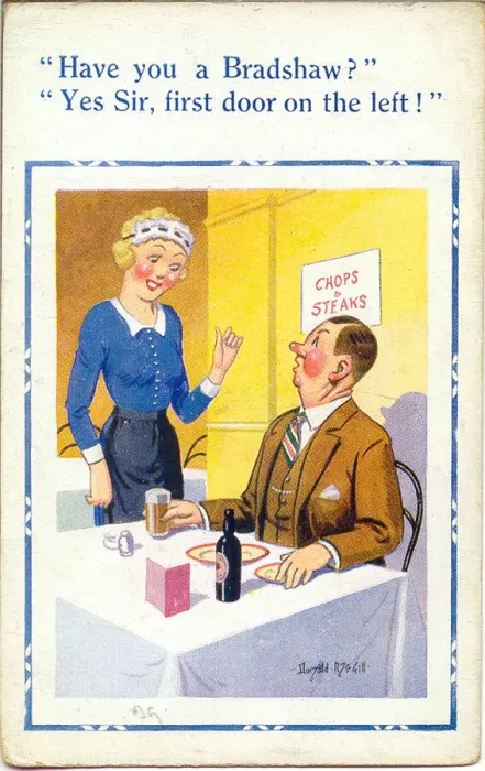Framed Print : Comic postcard, Waitress answering mans question Date: 20th century Framed Print : Comic postcard, Waitress answering mans question Date: 20th century