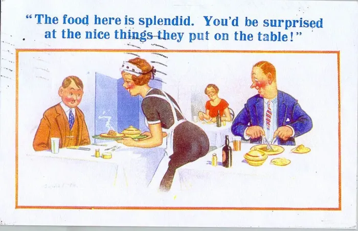 Framed Print : Comic postcard, Waitress serving in a restaurant Framed Print : Comic postcard, Waitress serving in a restaurant
