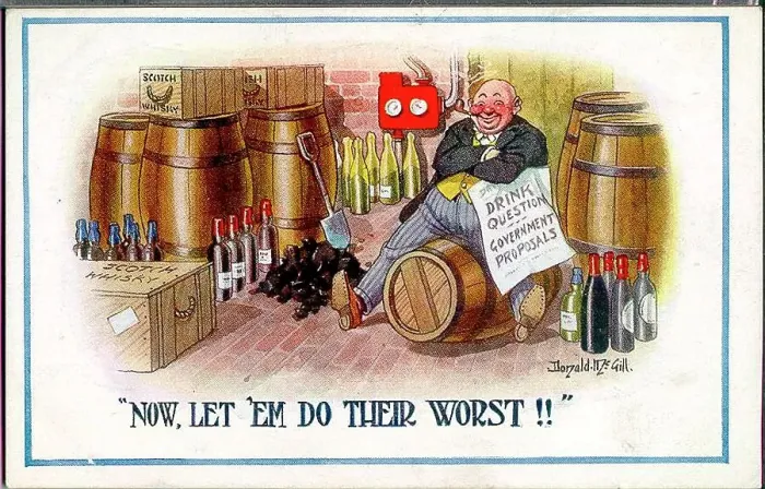 Framed Print : Comic postcard, wartime alcohol and fuel restrictions - ensuring a good supply! Date: circa 1916-1918 Framed Print : Comic postcard, wartime alcohol and fuel restrictions - ensuring a good supply! Date: circa 1916-1918