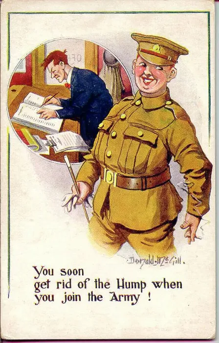 Framed Print : Comic postcard, wartime recruitment, from hunched office worker to proud soldier. Date: 1940s Framed Print : Comic postcard, wartime recruitment, from hunched office worker to proud soldier. Date: 1940s