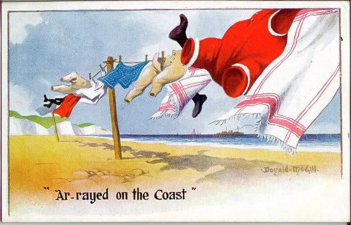 Framed Print : Comic postcard, Washing line on the beach, with a distant battleship. Date: 1914-1918 Framed Print : Comic postcard, Washing line on the beach, with a distant battleship. Date: 1914-1918