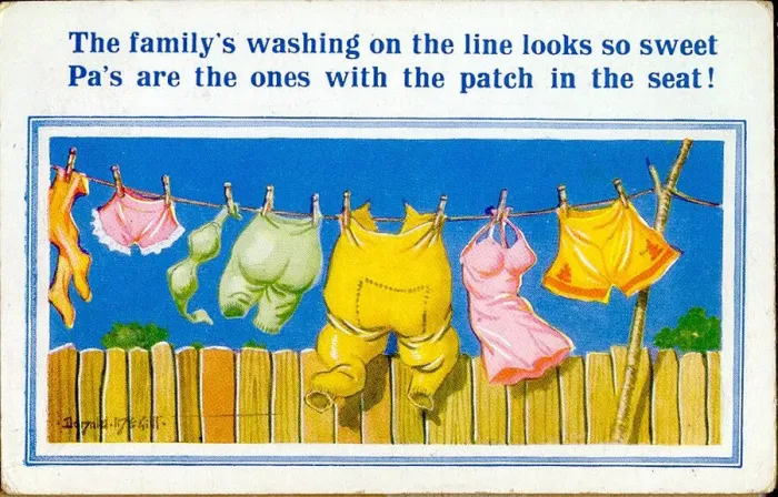 Framed Print : Comic postcard, Washing line of clothes in a garden Date: 20th century Framed Print : Comic postcard, Washing line of clothes in a garden Date: 20th century