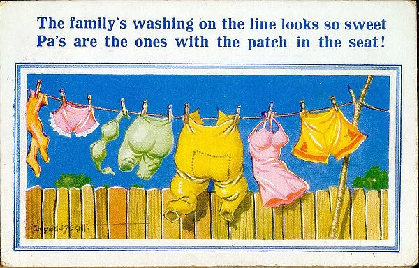 Comic postcard, Washing line of clothes in a garden Date: 20th century