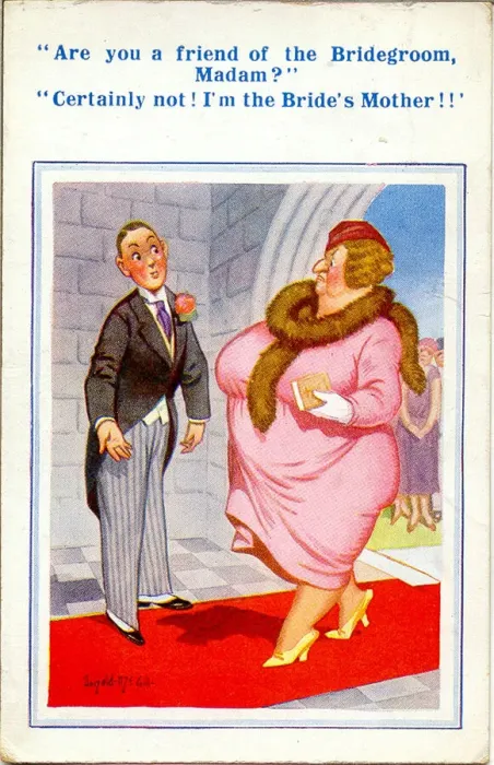 Framed Print : Comic postcard, Wedding usher and brides mother Date: 20th century Framed Print : Comic postcard, Wedding usher and brides mother Date: 20th century