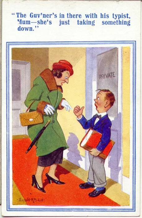 Framed Print : Comic postcard, Wife visits husband at his office Date: 20th century Framed Print : Comic postcard, Wife visits husband at his office Date: 20th century
