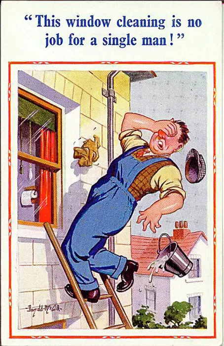 : Comic postcard, Window cleaner covers his eyes Date: 20th century : Comic postcard, Window cleaner covers his eyes Date: 20th century