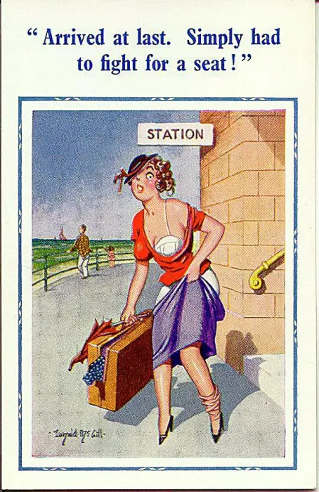 : Comic postcard, Woman arrives at the seaside by train Date: 20th century : Comic postcard, Woman arrives at the seaside by train Date: 20th century
