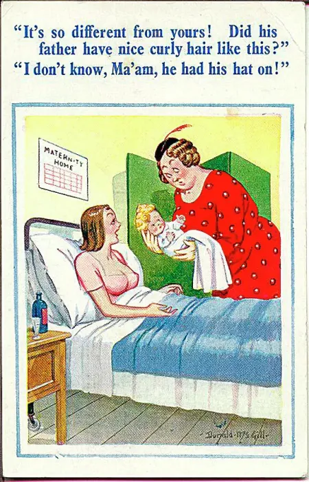 : Comic postcard, Woman with baby in maternity home Date: 20th century : Comic postcard, Woman with baby in maternity home Date: 20th century