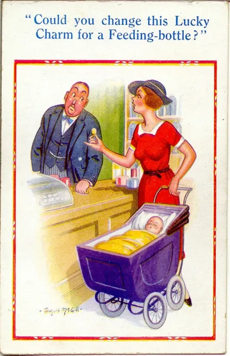 Framed Print : Comic postcard, Woman with baby in a shop Date: 20th century Framed Print : Comic postcard, Woman with baby in a shop Date: 20th century