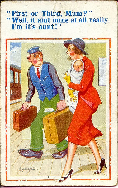 Comic postcard, Woman, baby and station porter