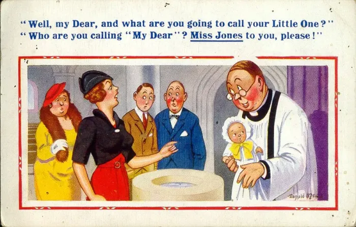 Framed Print : Comic postcard, Woman, baby and vicar at baptism Date: 20th century Framed Print : Comic postcard, Woman, baby and vicar at baptism Date: 20th century