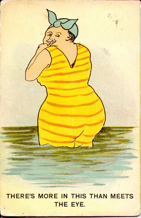 Framed Print : Comic postcard, Woman bathing in the sea Date: 20th century Framed Print : Comic postcard, Woman bathing in the sea Date: 20th century