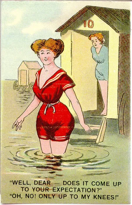 Framed Print : Comic postcard, Woman bathing in the sea - only up to my knees! Date: 20th century Framed Print : Comic postcard, Woman bathing in the sea - only up to my knees! Date: 20th century