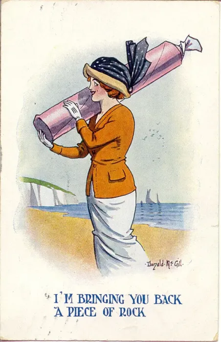 Framed Print : Comic postcard, Woman on the beach with a large stick of rock Date: 20th century Framed Print : Comic postcard, Woman on the beach with a large stick of rock Date: 20th century
