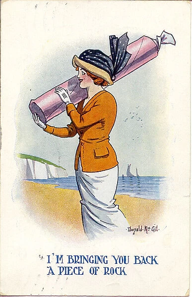 Comic postcard, Woman on the beach with a large stick of rock Date: 20th century