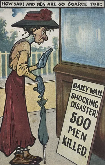 Framed Print : Comic Postcard - Woman bemoans lack of male interest Framed Print : Comic Postcard - Woman bemoans lack of male interest
