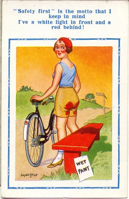 Framed Print : Comic postcard, Woman with bicycle on country lane Date: 20th century Framed Print : Comic postcard, Woman with bicycle on country lane Date: 20th century