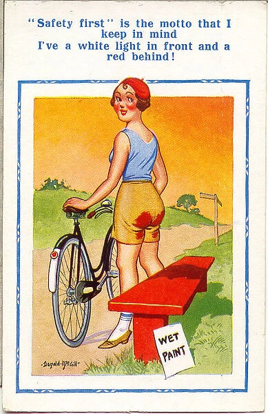 Comic postcard, Woman with bicycle on country lane Date: 20th century