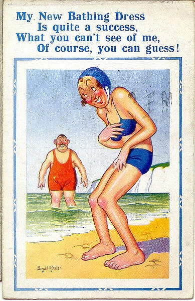 Comic postcard, Woman in blue bikini at the seaside Date: 20th century
