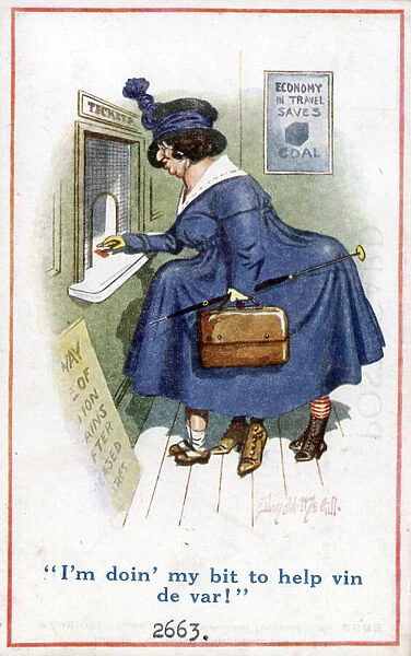 Comic postcard, Woman buying rail ticket with two children hiding under her skirts
