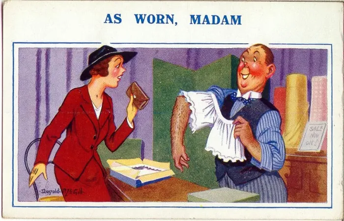 Framed Print : Comic postcard, Woman buying underwear in a shop Date: 20th century Framed Print : Comic postcard, Woman buying underwear in a shop Date: 20th century