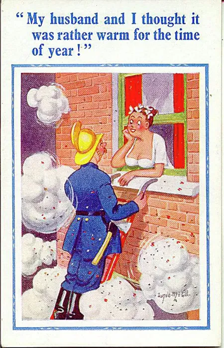: Comic postcard, Woman chats to fireman at window Date: 20th century : Comic postcard, Woman chats to fireman at window Date: 20th century