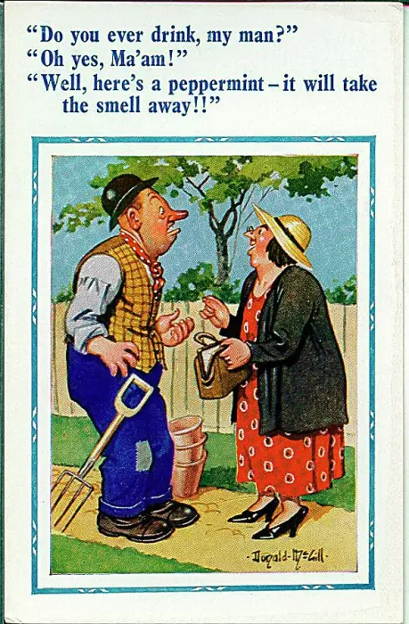 : Comic postcard, Woman chats to gardener Date: 20th century : Comic postcard, Woman chats to gardener Date: 20th century