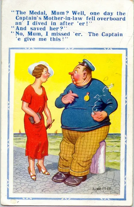 Framed Print : Comic postcard, Woman chats with sailor Date: 20th century Framed Print : Comic postcard, Woman chats with sailor Date: 20th century