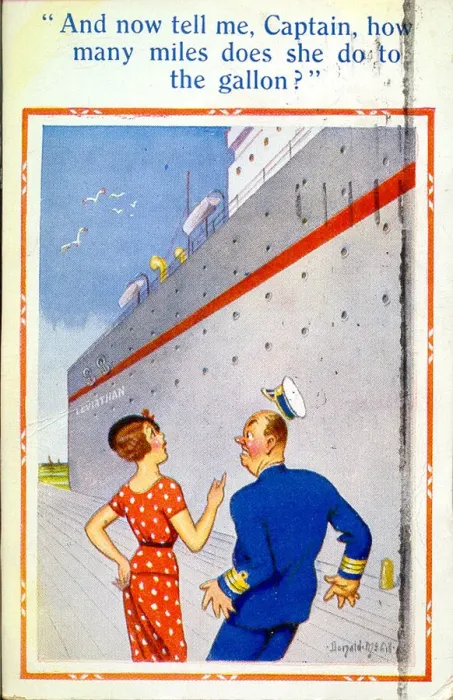 Framed Print : Comic postcard, Woman chats with ships captain Date: 20th century Framed Print : Comic postcard, Woman chats with ships captain Date: 20th century