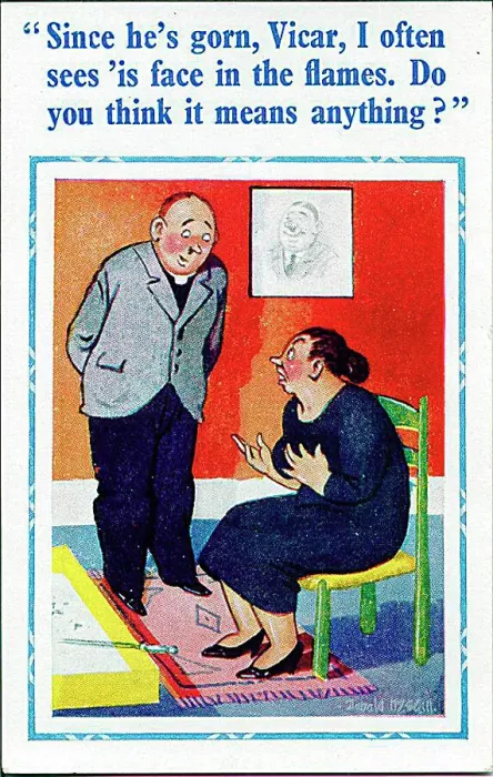 : Comic postcard, Woman chats with vicar Date: 20th century : Comic postcard, Woman chats with vicar Date: 20th century