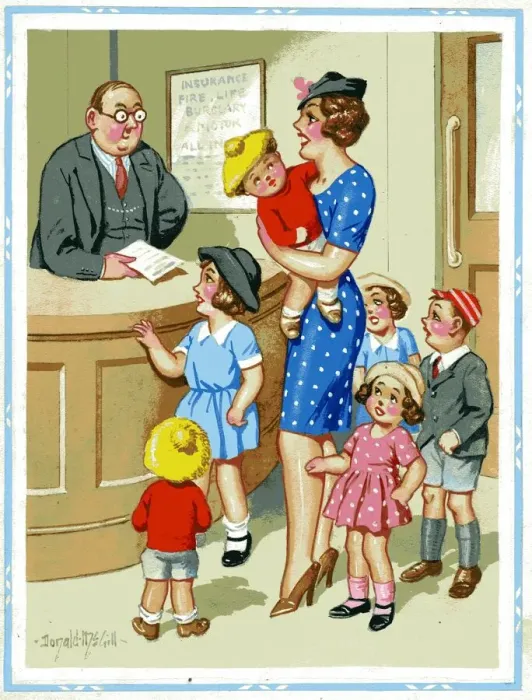 Framed Print : Comic postcard, Woman with six children Framed Print : Comic postcard, Woman with six children